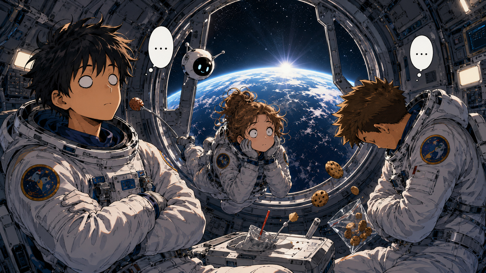 宇宙ステーションの窓から地球を見上げる漫画風の静かな場面
