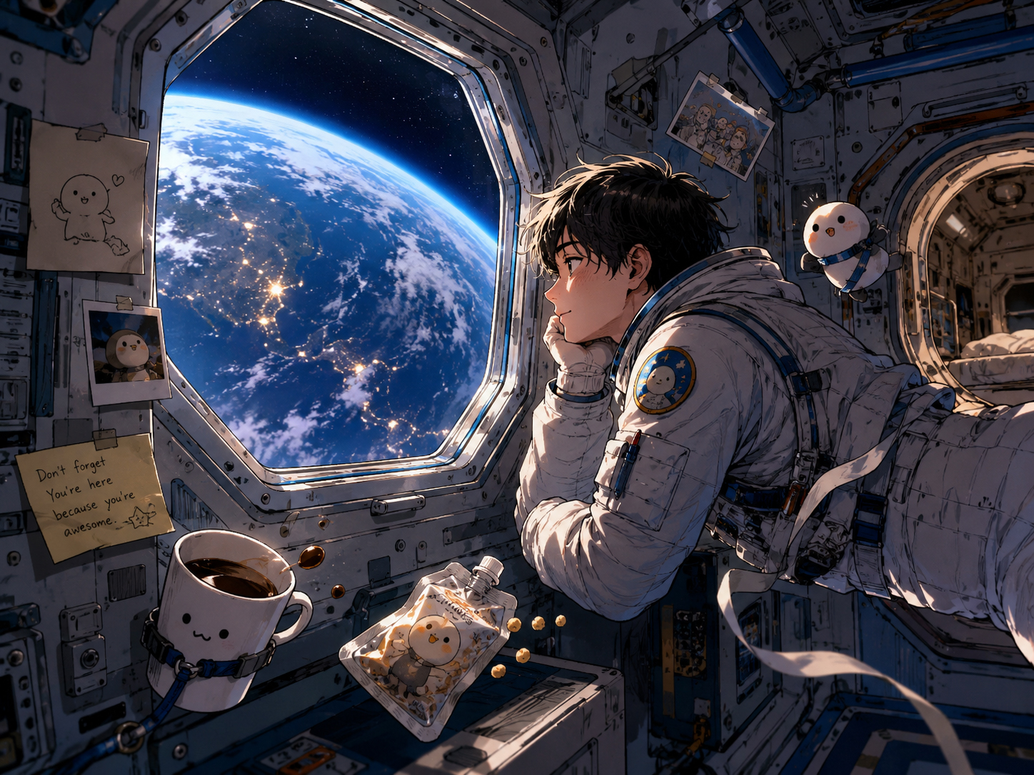 地球を見ながら少し寂しく笑う宇宙飛行士たち