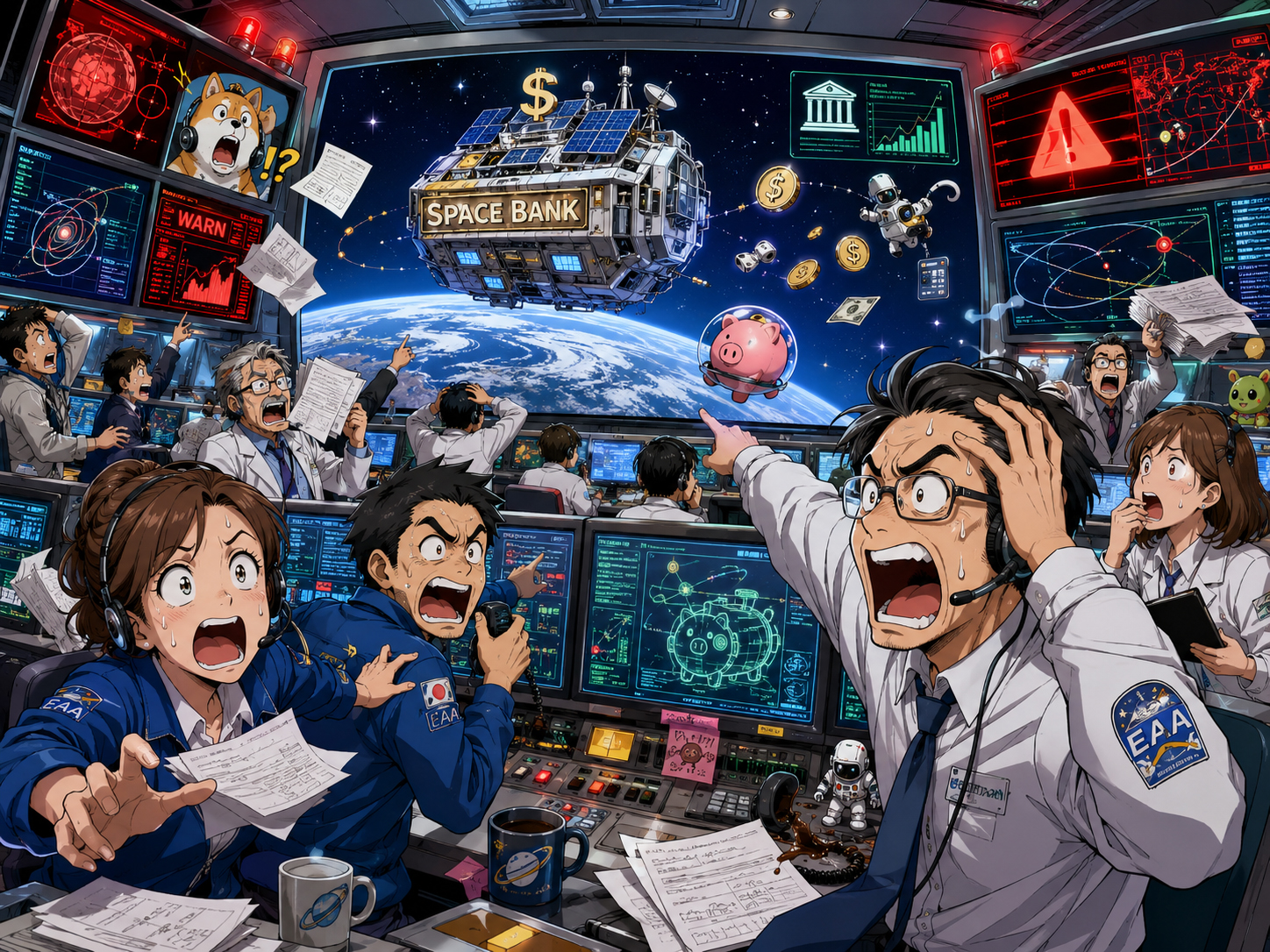宇宙銀行に気づいて混乱する地球のミッション管理局